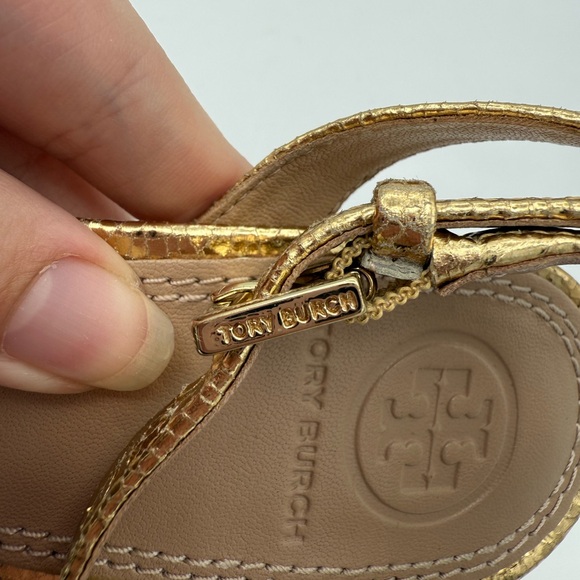 Tory Burch Gold Metallic Leather Ankle Strap Heels Sandals Size 5M - Picture 6 of 9